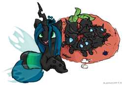 Size: 1730x1200 | Tagged: dead source, safe, artist:kameomia, character:queen chrysalis, species:changeling, cute, cutealis, cuteling, grub, i made this, mommy chrissy, nymph, pillow, ponified animal photo, prone, simple background, white background