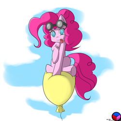 Size: 1024x1024 | Tagged: safe, artist:genericmlp, character:pinkie pie, species:earth pony, species:pony, balloon, balloon sitting, female, goggles, mare, solo, tongue out