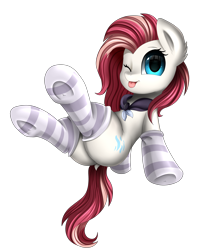 Size: 2550x2850 | Tagged: safe, artist:pridark, oc, oc only, oc:aureai, species:pegasus, species:pony, clothing, commission, dock, female, looking at you, mare, one eye closed, plot, simple background, smiling, socks, solo, striped socks, tongue out, transparent background, underhoof, wink, ych result