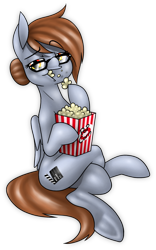 Size: 1080x1730 | Tagged: safe, artist:quynzel, oc, oc only, oc:furima, species:pegasus, species:pony, 2018 community collab, derpibooru community collaboration, crossed legs, eating, female, food, glasses, mare, popcorn, simple background, transparent background