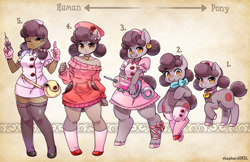 Size: 1600x1035 | Tagged: safe, artist:shepherd0821, oc, oc only, species:anthro, species:earth pony, species:human, species:pony, anthro chart, clothing, commission, dark skin, humanized, humanized oc, looking at you, nurse, nurse outfit, pony coloring, smiling, syringe