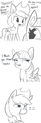 Size: 1650x4950 | Tagged: safe, artist:tjpones, character:applejack, character:twilight sparkle, character:twilight sparkle (alicorn), species:alicorn, species:earth pony, species:pony, episode:slice of life, g4, my little pony: friendship is magic, accent, apple, applejack's hat, clothing, comic, cowboy hat, dialogue, duo, ear fluff, eyeroll, female, food, grayscale, hat, mare, monochrome, mouth hold, open mouth, pear, pun, silly, silly pony, simple background, that pony sure does hate pears, that pony sure does love apples, white background