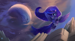 Size: 1919x1050 | Tagged: safe, artist:noctilucent-arts, character:princess luna, species:alicorn, species:pony, cloud, cloudy, female, flying, galaxy mane, mare, moon, mountain, smiling, solo, spread wings, wings