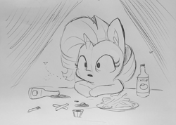 Size: 1499x1069 | Tagged: safe, artist:tjpones, character:rarity, species:pony, species:unicorn, catsup, cute, ear fluff, existential crisis, female, fly, food, french fries, grayscale, ketchup, lineart, monochrome, raribetes, sauce, sketch, solo, traditional art
