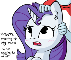Size: 1950x1650 | Tagged: safe, artist:tjpones, character:rainbow dash, character:rarity, my little pony:equestria girls, behaving like a cat, blushing, cheek fluff, clothing, cute, denial, dialogue, ear fluff, embarrassed, female, fluffy, frown, glare, head scratch, looking up, offscreen character, open mouth, petting, raribetes, raricat, simple background, suspiciously specific denial, sweat, tsundere, tsunderity, white background