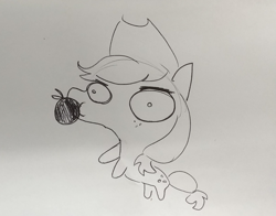 Size: 1521x1192 | Tagged: safe, artist:tjpones, character:applejack, species:earth pony, species:pony, apple, black and white, clothing, cowboy hat, doodle, female, food, grayscale, hat, lineart, mare, monochrome, mouth hold, simple background, solo, traditional art, white background