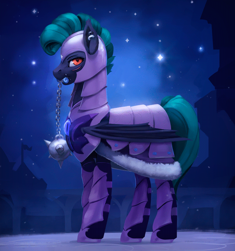 Size: 750x800 | Tagged: safe, artist:rodrigues404, oc, oc only, oc:midnight chastise, species:bat pony, animated, armor, captain, cinemagraph, ear piercing, earring, eye scar, flail, guard, jewelry, kingdom, lip piercing, night guard, piercing, scar, weapon