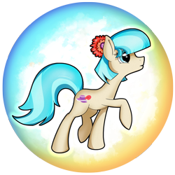 Size: 2539x2539 | Tagged: safe, artist:flamevulture17, character:coco pommel, species:earth pony, species:pony, circle, female, flower, flower in hair, looking at something, looking away, looking up, mare, orb, profile, raised hoof, raised leg, reaching out, solo, standing