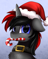 Size: 1443x1764 | Tagged: safe, artist:pridark, oc, oc only, species:pony, species:unicorn, bust, candy, candy cane, christmas, clothing, commission, food, hat, holiday, mouth hold, portrait, santa hat, solo