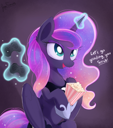 Size: 1980x2250 | Tagged: safe, artist:bugplayer, character:princess luna, species:alicorn, species:pony, gamer luna, chest fluff, controller, dialogue, ear fluff, female, food, glowing horn, levitation, magic, mare, open mouth, popcorn, sitting, smiling, solo, telekinesis, video game