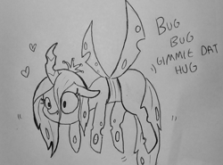 Size: 1553x1147 | Tagged: safe, artist:tjpones, character:queen chrysalis, species:changeling, black and white, changeling queen, curved horn, dialogue, female, flying, grayscale, heart, hugs 4 bugs, lineart, monochrome, simple background, sketch, solo, traditional art