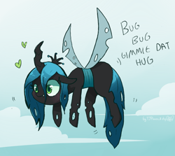 Size: 1553x1387 | Tagged: safe, artist:dsp2003, artist:tjpones, character:queen chrysalis, species:changeling, species:pony, blushing, cloud, collaboration, colored, cute, cutealis, dsp2003 is trying to murder us, fangs, female, floppy ears, flying, heart, hug, hug request, hugs 4 bugs, insect, mare, single panel, sketch, solo, tjpones is trying to murder us