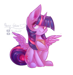 Size: 1024x1060 | Tagged: safe, artist:prettyshinegp, character:twilight sparkle, character:twilight sparkle (alicorn), species:alicorn, species:pony, book, chibi, female, mare, simple background, sitting, smiling, solo, spread wings, transparent background, wings