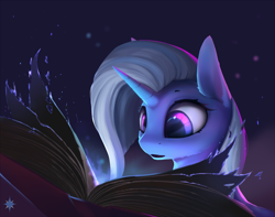 Size: 1397x1101 | Tagged: safe, artist:noctilucent-arts, character:trixie, species:pony, species:unicorn, amazed, book, diary, female, looking at something, mare, missing accessory, open mouth, reading, solo