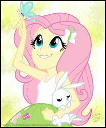 Size: 1749x2110 | Tagged: safe, artist:lunchie, artist:namygaga, character:angel bunny, character:fluttershy, equestria girls:rainbow rocks, g4, my little pony:equestria girls, butterfly, clothing, credits, cute, end credits, female, shine like rainbows, skirt, solo, tank top