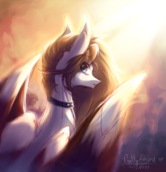 Size: 1024x1059 | Tagged: safe, artist:prettyshinegp, oc, oc only, species:pegasus, species:pony, big wings, collar, female, looking back, mare, requested art, solo, sunlight, wings