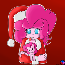 Size: 1280x1280 | Tagged: safe, artist:genericmlp, character:pinkie pie, species:earth pony, species:pony, my little pony:equestria girls, :3, christmas, clothing, costume, female, hat, holiday, human ponidox, mare, plushie, red background, santa costume, santa hat, self plushidox, self ponidox, simple background, solo, tongue out