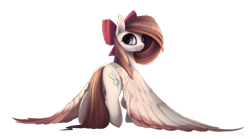 Size: 1962x1090 | Tagged: safe, artist:noctilucent-arts, oc, oc only, oc:aurelia freefeather, species:pegasus, species:pony, bow, clothing, colored wings, colored wingtips, commission, cute, female, hair bow, happy, impossibly large wings, looking at you, looking back, mare, noctilucent is trying to murder us, pretty, simple background, smiling, solo, transparent background