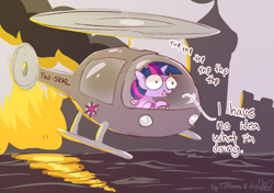 Size: 614x432 | Tagged: safe, artist:dsp2003, artist:tjpones, character:twilight sparkle, character:twilight sparkle (alicorn), species:alicorn, species:pony, castle, collaboration, colored, dialogue, female, fire, helicopter, i have no idea what i'm doing, mare, onomatopoeia, solo, sparkles! the wonder horse!, this will end in tears and/or death, water