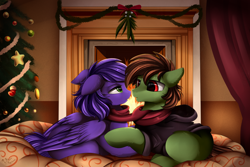 Size: 3000x2000 | Tagged: safe, artist:pridark, oc, oc only, species:earth pony, species:pegasus, species:pony, cheek fluff, chest fluff, christmas, christmas tree, clothing, commission, cute, ear fluff, eye contact, female, fireplace, fluffy, holiday, hoodie, leg fluff, lidded eyes, looking at each other, male, mare, neck fluff, oc x oc, ocbetes, open mouth, prone, scarf, shared clothing, shared scarf, shipping, smiling, stallion, straight, tree