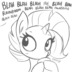 Size: 1650x1650 | Tagged: safe, artist:tjpones, character:rarity, species:pony, species:unicorn, blah blah blah, blushing, bust, cup, dialogue, drink, drinking, female, food, grayscale, hoof hold, implied rainbow dash, mare, monochrome, offscreen character, simple background, sipping, sipping tea, sketch, solo, tea, teacup, white background