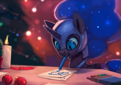 Size: 1000x704 | Tagged: safe, artist:rodrigues404, character:nightmare moon, character:princess luna, species:alicorn, species:pony, :3, candle, christmas, christmas tree, crayon, cute, drawing, female, filly, helmet, holiday, looking down, moonabetes, mouth hold, nightmare woon, rodrigues404 is trying to murder us, smiling, solo, table, tree, younger