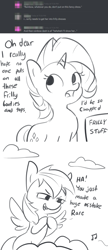 Size: 1650x3808 | Tagged: safe, artist:tjpones, character:rainbow dash, character:rarity, species:pegasus, species:pony, species:unicorn, clothing, cloud, comic, dialogue, discord (software), duo, female, frilly, grayscale, looking back, looking up, mare, monochrome, music notes, rainbow dumb, reverse psychology, scheming, simple background, white background