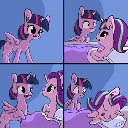 Size: 3300x3300 | Tagged: safe, artist:tjpones, edit, editor:dsp2003, character:starlight glimmer, character:twilight sparkle, character:twilight sparkle (alicorn), species:alicorn, species:pony, species:unicorn, bed, chest fluff, comic, duo, duo female, ear fluff, female, high res, looking at each other, loss (meme), mare, open mouth, textless