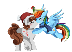 Size: 3509x2550 | Tagged: safe, artist:pridark, character:rainbow dash, oc, oc:dreamer, species:earth pony, species:pegasus, species:pony, canon x oc, christmas, clothing, commission, eyes closed, female, flying, frog (hoof), hat, holiday, kissing, male, mare, mistletoe, rainmer, santa hat, scarf, simple background, straight, transparent background, underhoof
