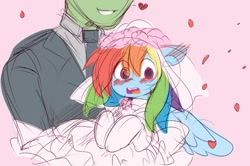 Size: 950x629 | Tagged: safe, artist:ende26, edit, character:rainbow dash, oc, oc:anon, species:human, species:pony, blushing, bridal carry, clothing, color edit, colored, cute, dashabetes, dress, holding a pony, marriage, necktie, open mouth, rainbow dash always dresses in style, sketch, wedding dress