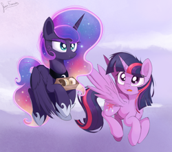 Size: 2160x1920 | Tagged: safe, artist:bugplayer, character:princess luna, character:twilight sparkle, character:twilight sparkle (alicorn), species:alicorn, species:pony, box, donut, envy, female, flying, food, greed, mare, open mouth, sky