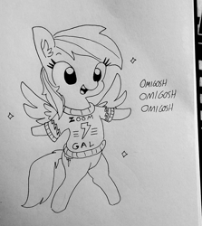 Size: 1336x1496 | Tagged: safe, artist:tjpones, character:rainbow dash, species:pegasus, species:pony, black and white, clothing, dialogue, ear fluff, female, flying, grayscale, lineart, mare, monochrome, omigosh, open mouth, smiling, solo, sparkles, sweater, traditional art, ugly sweater