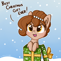 Size: 1472x1472 | Tagged: safe, artist:dsp2003, artist:tjpones, oc, oc only, oc:brownie bun, species:earth pony, species:pony, blushing, box, cheek fluff, christmas, collaboration, colored, comic, cute, dialogue, ear fluff, female, holiday, mare, ocbetes, open mouth, pony in a box, single panel, smiling, snow, snowfall, solo