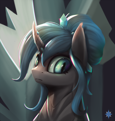 Size: 1564x1644 | Tagged: safe, artist:noctilucent-arts, oc, oc only, oc:queen polistae, species:changeling, species:pony, bust, changeling oc, changeling queen, changeling queen oc, commission, curved horn, female, looking at you, mare, solo