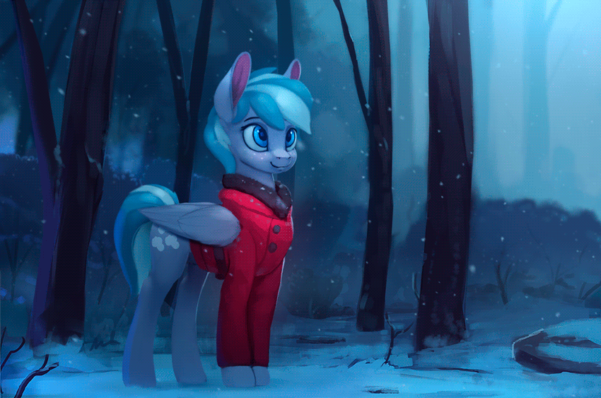 Size: 850x563 | Tagged: safe, artist:rodrigues404, oc, oc only, oc:falling skies, species:pegasus, species:pony, animated, blinking, cinemagraph, clothing, coat, female, mare, scenery, smiling, snow, snowfall, solo, tree
