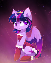 Size: 1252x1532 | Tagged: safe, artist:magnaluna, character:twilight sparkle, character:twilight sparkle (alicorn), species:alicorn, species:pony, abstract background, alternate hairstyle, blue mane, blue tail, cheek fluff, christmas, clothing, colored pupils, colored wings, colored wingtips, costume, crown, cute, cutie mark, ear fluff, eyelashes, female, holiday, horn, jewelry, long tail, looking away, mare, multicolored hair, pink mane, pink tail, purple mane, purple tail, regalia, santa costume, short hair, sitting, smiling, solo, stars, tail, twiabetes, wing fluff, wings