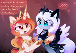 Size: 2196x1550 | Tagged: safe, artist:magnaluna, character:princess celestia, character:princess luna, species:alicorn, species:pony, :<, :o, abstract background, alternate design, blushing, cheek fluff, colored wings, colored wingtips, confused, curved horn, cute, cutelestia, dialogue, duo, ethereal mane, female, galaxy mane, hug, implied lesbian, implied shipping, implied twilestia, jewelry, lunabetes, mare, open mouth, question mark, raised eyebrow, regalia, speech bubble, spread wings, wings