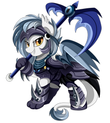 Size: 2550x2850 | Tagged: safe, artist:pridark, oc, oc only, oc:cobalt comet, species:bat pony, species:hippogriff, species:pony, 2018 community collab, derpibooru community collaboration, armor, bat pony oc, clothing, commission, female, helmet, looking at you, mare, night guard, simple background, smiling, solo, transparent background, weapon