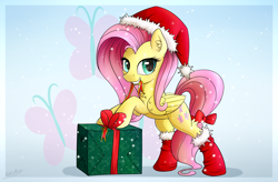 Size: 3200x2100 | Tagged: safe, artist:sentireaeris, character:fluttershy, bow, christmas, clothing, cute, cutie mark, hat, holiday, present, ribbon, santa hat, shyabetes, simple background, snow, socks, solo, standing
