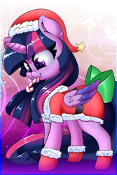 Size: 1400x2100 | Tagged: safe, artist:madacon, character:twilight sparkle, character:twilight sparkle (alicorn), species:alicorn, species:pony, bow, candy, candy cane, christmas, clothing, costume, cute, female, hat, holiday, horn, mare, mlem, santa costume, santa hat, silly, smiling, socks, solo, starry eyes, tail bow, tongue out, twiabetes, wingding eyes, wings