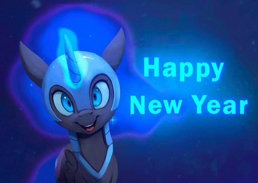 Size: 900x638 | Tagged: safe, artist:rodrigues404, character:nightmare moon, character:princess luna, species:pony, animated, cinemagraph, cute, female, filly, glowing horn, happy new year, holiday, levitation, looking at you, magic, magic aura, moonabetes, nicemare moon, nightmare woon, open mouth, smiling, solo, standing, telekinesis