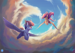 Size: 2483x1754 | Tagged: dead source, safe, artist:noctilucent-arts, character:fluttershy, character:rainbow dash, species:pegasus, species:pony, cloud, commission, duo, duo female, epic, female, flying, friendshipping, inspirational, looking at each other, mare, sky, smiling, spread wings, vertigo, wings