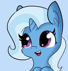 Size: 1472x1540 | Tagged: safe, artist:tjpones, edit, character:trixie, species:pony, species:unicorn, blue background, bust, cheek fluff, chibi, cute, dialogue, diatrixes, ear fluff, exploitable, female, leaning, mare, open mouth, simple background, smiling, solo, template, textless, tjpones is trying to murder us, trixie made a friend