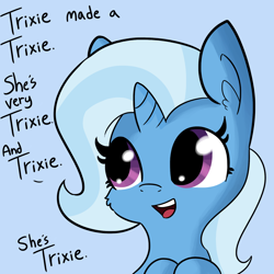 Size: 1650x1650 | Tagged: safe, artist:tjpones, edit, editor:dsp2003, character:trixie, species:pony, species:unicorn, blue background, bust, cheek fluff, chibi, cute, dialogue, diatrixes, ear fluff, exploitable meme, female, implied duplication, leaning, mare, meme, narcissism, open mouth, simple background, smiling, solo, text edit, trixie made a friend, up to eleven, up to trixie