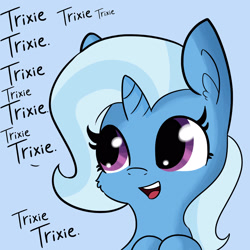 Size: 1650x1650 | Tagged: safe, artist:tjpones, edit, character:trixie, species:pony, species:unicorn, blue background, bust, cheek fluff, chibi, cute, dialogue, diatrixes, ear fluff, exploitable meme, female, leaning, mare, meme, narcissism, open mouth, pokemon speak, simple background, smiling, solo, text edit, that pony sure does love herself, trixie made a friend, up to trixie