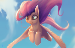Size: 1308x830 | Tagged: dead source, safe, artist:noctilucent-arts, character:fluttershy, species:pegasus, species:pony, cloud, cropped, female, flying, mare, sky, smiling, solo, spread wings, windswept mane, wings