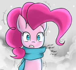 Size: 1500x1381 | Tagged: safe, artist:genericmlp, character:pinkie pie, species:earth pony, species:pony, clothing, cold, female, mare, scarf, shivering, snow, solo