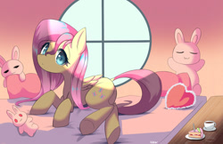 Size: 1989x1287 | Tagged: safe, artist:kawaiipony2, character:fluttershy, species:pegasus, species:pony, bed, cake, cup, cute, female, food, looking at you, mare, plushie, shyabetes, solo, teacup