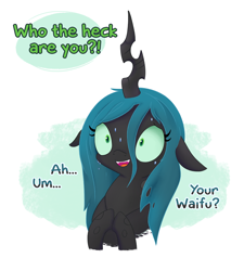 Size: 5315x5906 | Tagged: safe, alternate version, artist:adequality, artist:tjpones, edit, character:queen chrysalis, species:changeling, absurd resolution, changeling queen, color edit, colored, cute, cutealis, dialogue, fangs, female, floppy ears, nervous, offscreen character, smiling, sweat, waifu