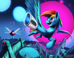 Size: 1825x1428 | Tagged: safe, artist:insanerobocat, character:rainbow dash, species:pegasus, species:pony, blaster, city, female, flying, mare, multicolored hair, retrowave, robot, video game